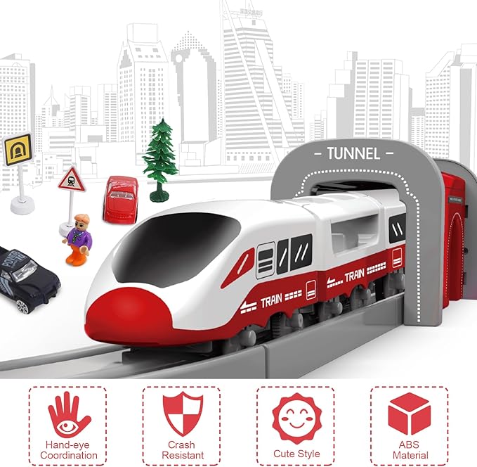 Train Sets for Toddlers, 104 Pcs Trains Toy with Battery Operated & Tracks (Magnetic Connection), Compatible with Thomas, Brio, Christmas Toy Gifts for 3 4 5 6 7 8 Years Old (Red 104PCS)