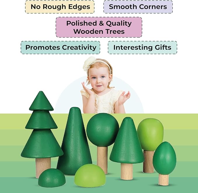 TEKOR (8 Pcs Wooden Tree Toy Set | Natural Wood Mini Trees | for Craft | Play Sets | Fairy Gardens | Decoration | Varying Green Colors | Creative Education Toys | Smooth | Multiple Play Options