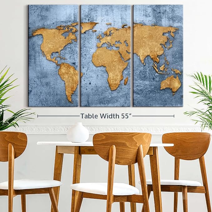 ElephantStock Azure World Map Wall Art Multi Piece Canvas - 3 Panel Wall Decor - Map of the World Art - Canvas for the Office and Home - 57" X 36"