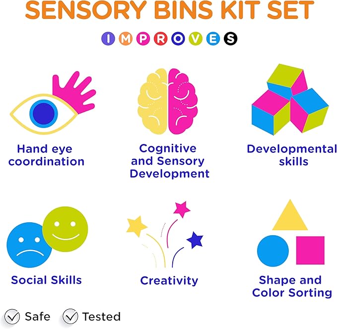 Sensory Kit for Toddlers and Kids - Includes 3 Bins with Lids, Play Tools, Sand, Feathers, Clay, Color Beads and Pom Poms Kids Box Fillers (Starter Set)
