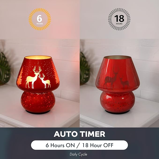 Christmas Battery Operated Mushroom Lamp - Vintage Small Table Lamp with Timer, Cordless Bedside Nightstand Lamp, Glass Battery Powered Lamp for Bedroom Kitchen Living Room Decor Aesthetic