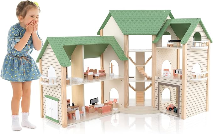 GLACER Wooden Dollhouse, Pretend House w/ 6 Rooms, 3 Storytelling, Ample Accessories, Stair & Door, Ideal Gift for Kids 3+ Years Old
