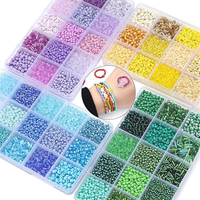 15 Color 4mm Small Assorted Glass Seed Beads,3mm Bugle Beads Friendship Bracelet Kit,2mm Tiny Tube Bead for Jewelry Making(Yellow)