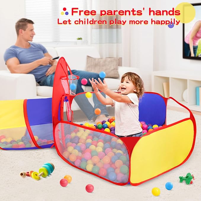3 in 1 Kids Play Tent for Toddler with Baby Ball Pit and Play Tunnel, Children Indoor Outdoor Playhouse with Climbing Tunnel Toy for Toddlers, Boys and Girls Best Birthday Gifts（No Balls）