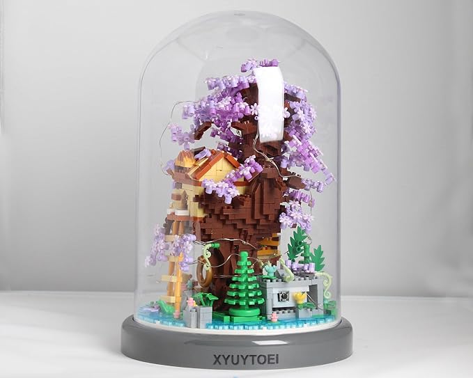 Cherry Blossom Bonsai Tree House DIY Building Flowers Set for Adults,2680PCS Challenging Mini Brick House Model Kit with LED Lights, Purple & Yellow Sakura Flowers, Includes Dust Cover for Display