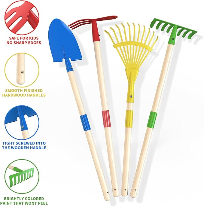 Kids Wheelbarrow Set with Gardening Tools Outdoor Backyard Garden Play for Toddlers Boys Girls 3-8, with Shovel, Rake, Leaf Rake, Easter Birthday Gifts (Red Garden Set)