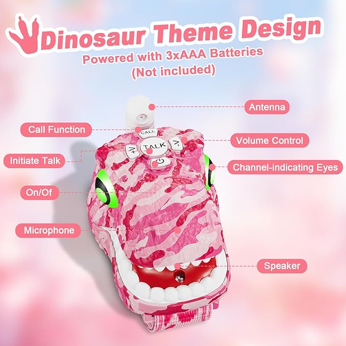 Dinosaur Walkie Talkies for Kids 2 Pack Camping Gear T-Rex Outdoor Toys for Girls Age 3-12 Year Old 3 Channel Long Range Birthday Gifts Christmas Stocking Stuffers