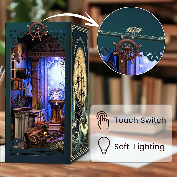 Book Nook Kit - DIY Enchanted Cottage Miniature House for Adults & Teens, 3D Wooden Puzzle Booknook with LED Lights, Bookshelf Insert Decor & Creative Model Building（Riddle On The Sea Floor）