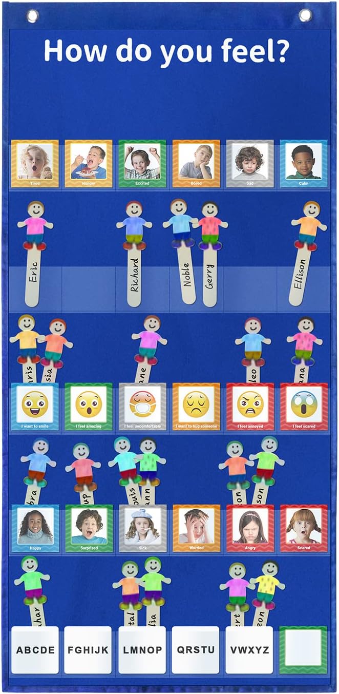 Boczif Emotions Feelings Pocket Chart for Classroom Chart with 24 Cards for Preschool Teacher,Daycare Decor, Social Emotional Learning Activities, Calm Down Corner Supplies (Blue)