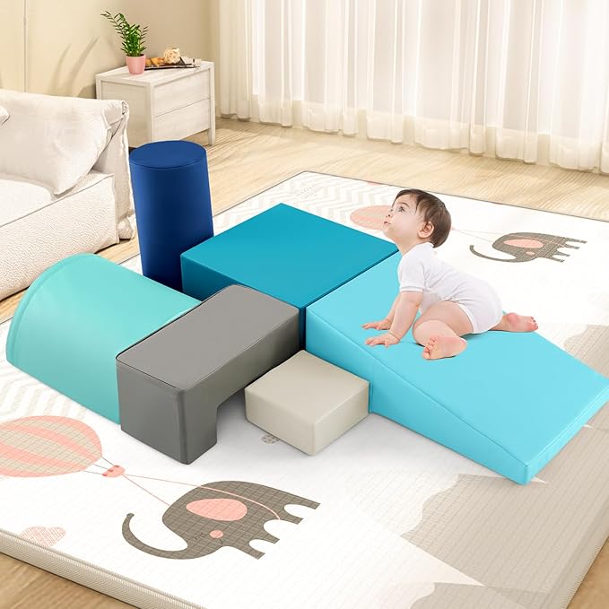 Costzon Toddler Climbing, 6 Pieces Climb and Crawl Playset with PU Cover for Baby Crawling, Climbing & Walking, Indoor Foam Climbing Blocks for Toddlers (Blue)