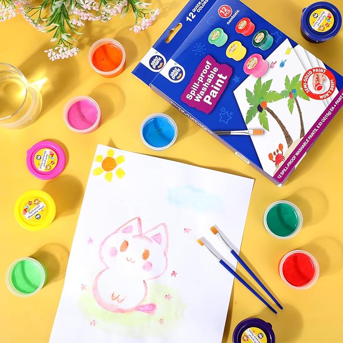 Nuanchu 60 Pcs Spill Proof Paint Set 12 Color Washable Paint for Kids Includes Brushes Craft Supplies for Paper Wood Poster Canvas Art Holiday Gift Kid Toddlers Ages 3+ (5 Set)