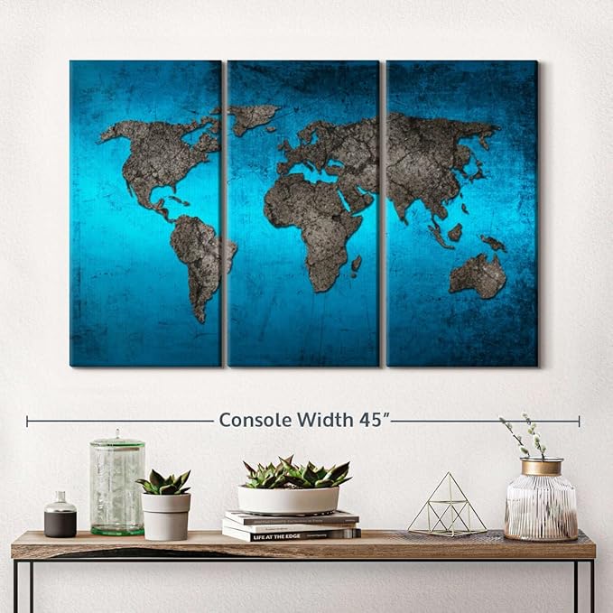 ElephantStock Ocean World Map Multi Piece Canvas - 3 Panel Wall Decor - Map of the World Art - Canvas for the Office and Home - 38" X 24"