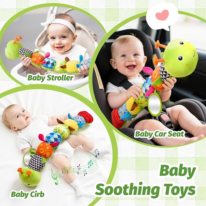 Baby Toys 0-6 Month, Musical Caterpillar Baby Rattle, Plush Sensory Toy with Mirror, Crinkle Textures, Newborn Developmental Tummy Time Stuffed Animal for Infants Boys Girls 6-12 Months (Green)