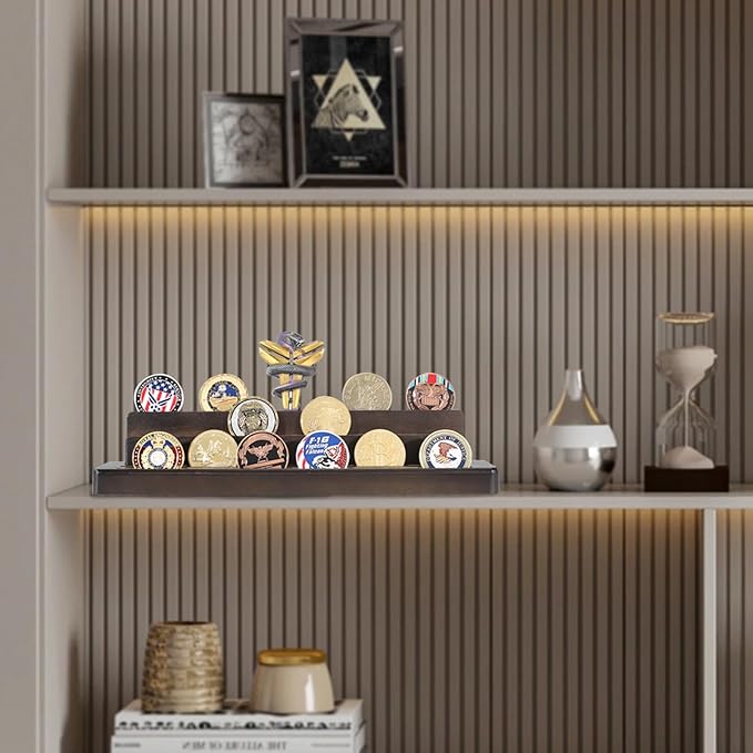 Military Coin Display Holder,Wooden Display Stand,4 Row Army Coin Case for Desk,Holders Set with Plastic Storage Bags and Storage Boxes,Brown
