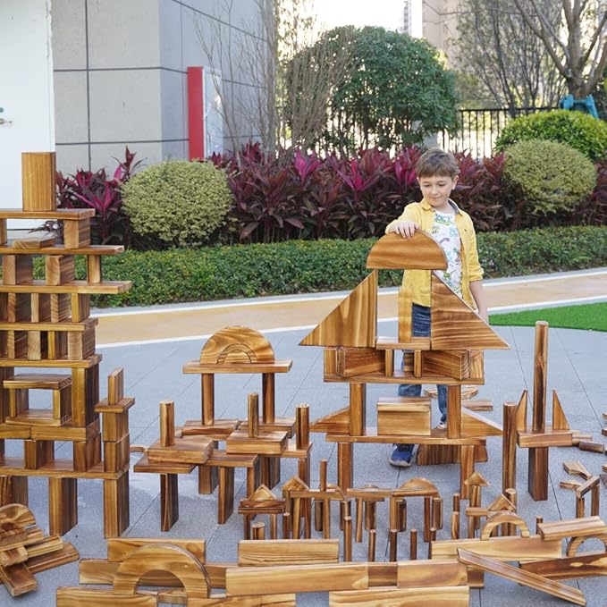 Vintage Solid Carbonized Wooden Building Blocks Set for Kids 3-12 Outdoor(43pcs,5.4 lbs), Table Sensory Wood Building Toys for Toddlers, Outside Wooden Blocks for Preschool