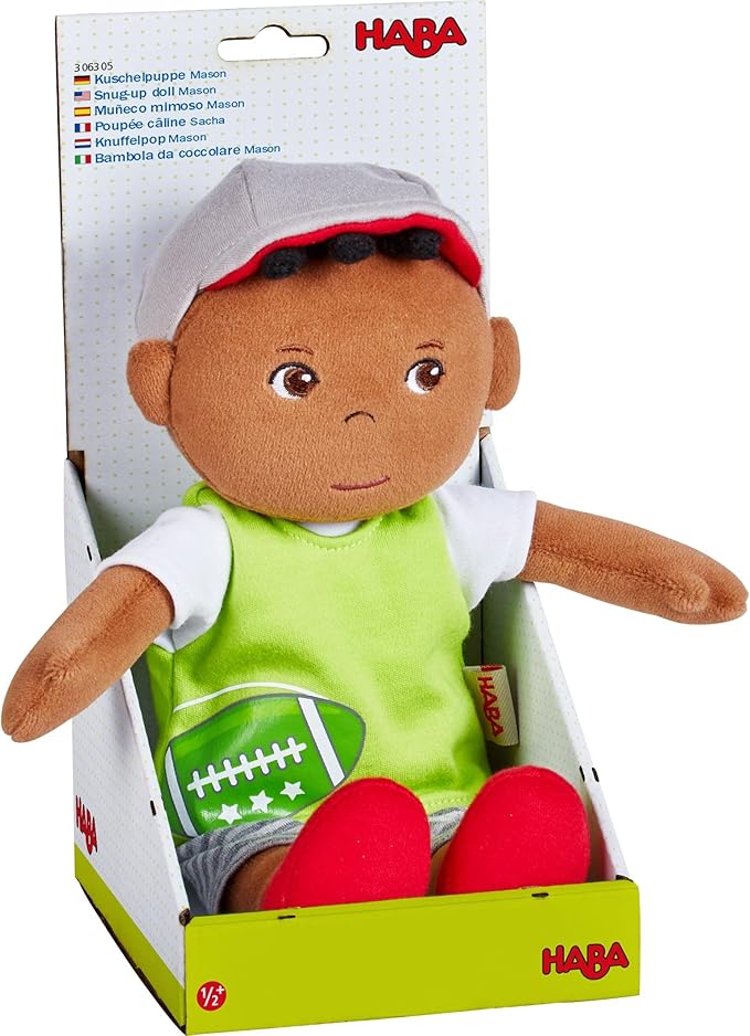 HABA Soft Doll Mason – 11.5" Plush Baby Boy Toy with Black Hair and Soft Toddler Companion for Ages 6 Months and Up, First Doll Gift for Kids, Machine Washable, Huggable & Durable