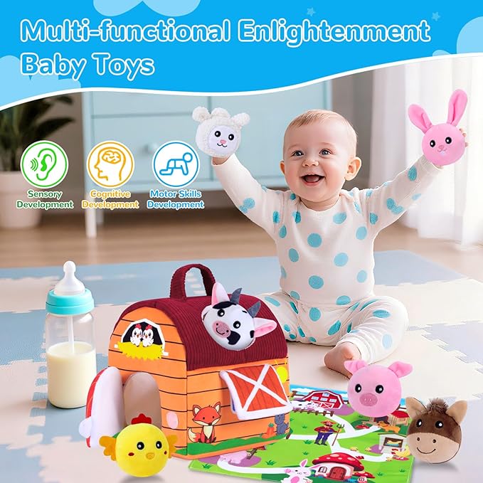 Baby Toys 6-12 Months, Little People Farm with Crinkle, Rattle & Squeaker – Little People Barn with Stuffed Farm Animals for Newborn Infants, Montessori Learning Toys for Babies