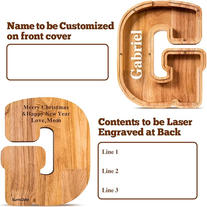 Summidate Customized Name Large Wooden Piggy Bank for Kids Boys Girls Alphabets Letter A-Z Coins Bills Money Change Bank Box Initial on Clear Cover (Laser Engraved) (Alphabet-G, Personalized-9")