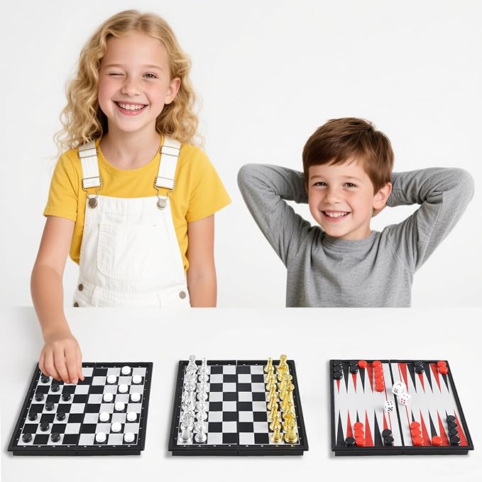 5'' Mini 3 in 1 Chess Checkers Backgammon Set Magnetic Folding Travel Chess Board with Instructions 2 Players for Kids and Adults