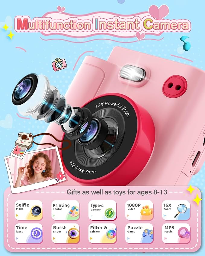 Instant Print Camera for Kids - 1080P HD Toddler Digital Camera for 3 4 5 6 7 8 9 10 Year Old Girls Boys, Christmas Birthday Gift with 32GB SD Card, Selfie Mode, Portable Travel Toy, Fun Filters- Pink