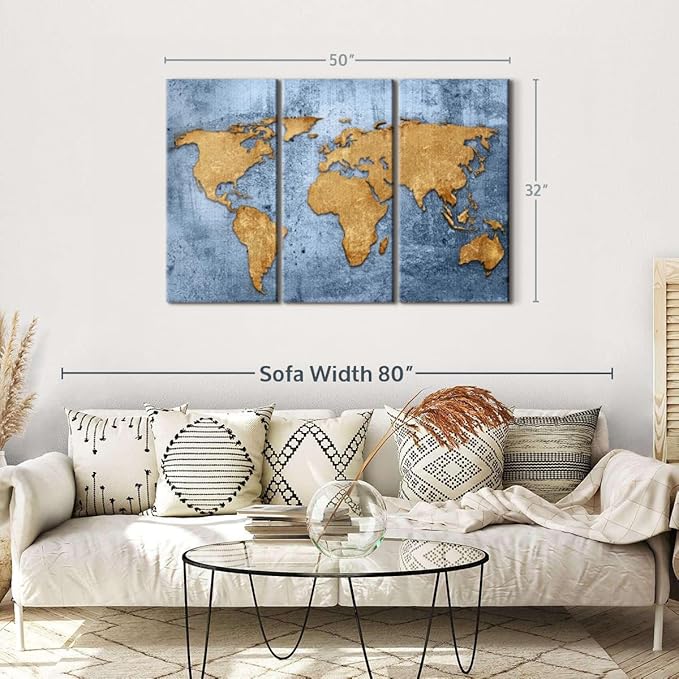 ElephantStock Azure World Map Wall Art Multi Piece Canvas - 3 Panel Wall Decor - Map of the World Art - Canvas for the Office and Home - 50" X 32"