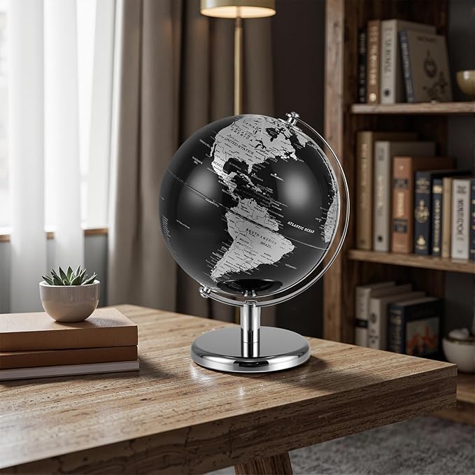 8" World Globe, Black Earth Globe with Silver Accents, Metal Stand, Non-slip Base & Time Zone, Decorative Tabletop Desk Globes for Classroom, Office & Home