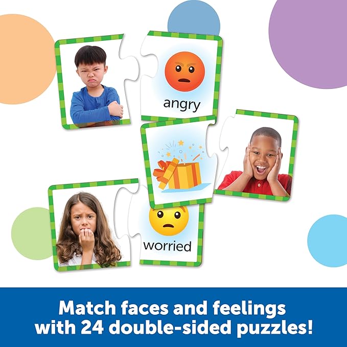 Learning Resources Feelings & Emotions Puzzle Cards, 48 Pieces, Ages 3+, Social Skills, speech therapy materials, Social Emotional Learning Toys and Games for Kids