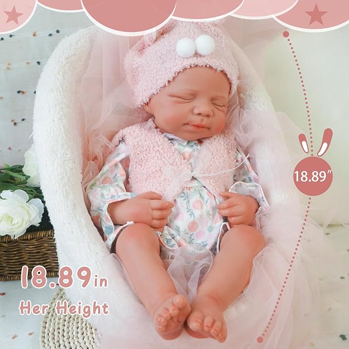 Reborn Baby Dolls Silicone Full Body 18.89in Weighted Real Life Closed-Eyes Girl Dolls Lifelike Newborn Baby Soft Body Flexible Limbs Not Vinyl