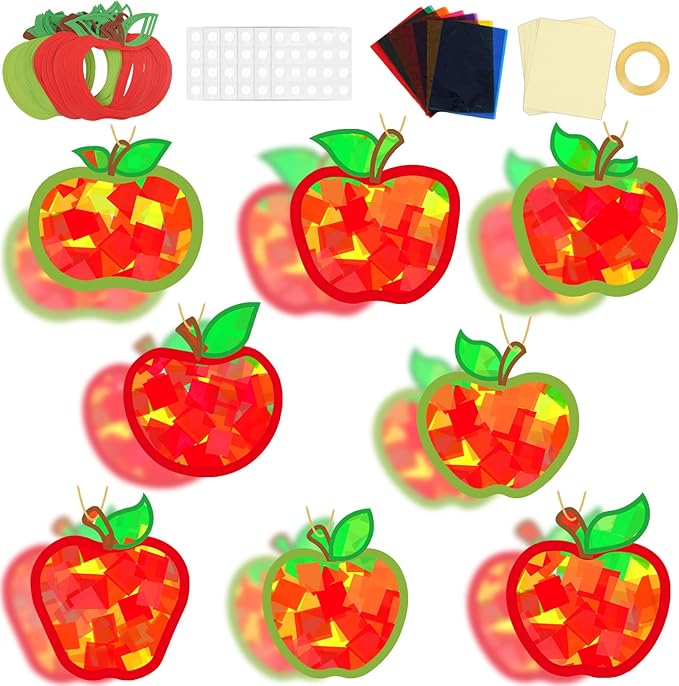 32 Sets Back to School Apple Suncatchers Craft Kit DIY Window Stained Glass Effect Colorful Apples Paper Crafts for Home School Classroom Decor Kid Birthday Gifts Creative Art Projects Activity Game