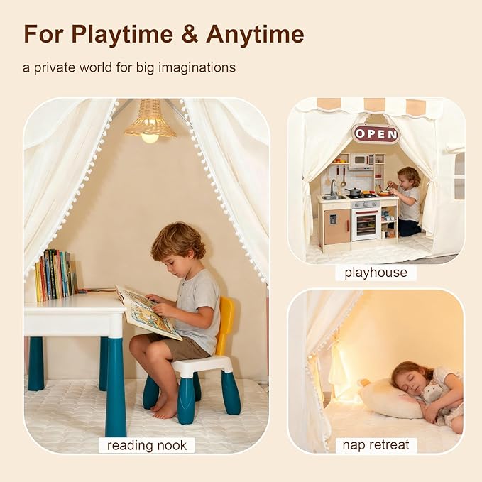 Play Tent for Kids with Star Lights, Flags, Pompoms & Gift Box, 2-in-1 Tent for Toddler with Metal Frame, Kids Indoor Playhouse, 40"x47"x50", Toy Gift for Boys & Girls