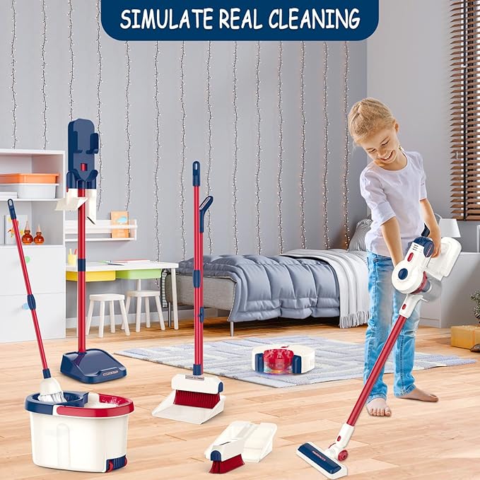 Fistone Kids Cleaning Toy Set for Toddlers, 12 Pcs Vacuum Cleaner, Sweeper, Bucket, Mop, Pretend Home Cleaning Play Set Gifts for Boys & Girls