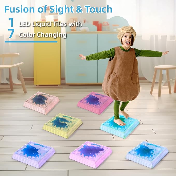 Art3d 12×12 Inch Sensory Interactive Blue Liquid Motion Tiles for Toddlers Kids & Adult - Touch Sensitive 7 Color Changing Flooring Tile for Home Décor, Indoor & Outdoor Activities, 1-Pack