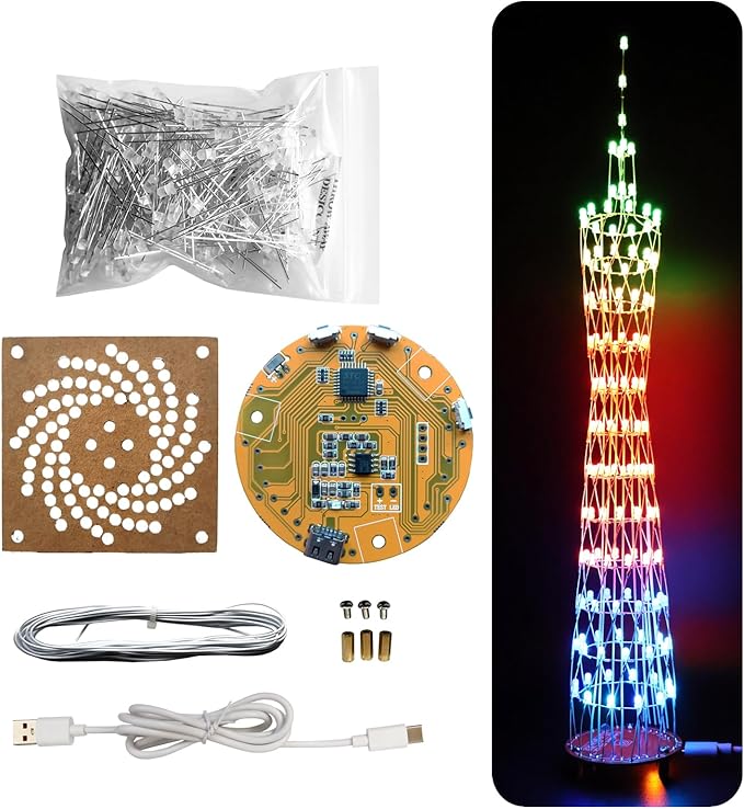Led Canton Tower Model DIY Electronic Kit, LED Cube Model Handmade Soldering Project Kit, 12 LED Circles, Height 38cm. (GZT-12 KIT)