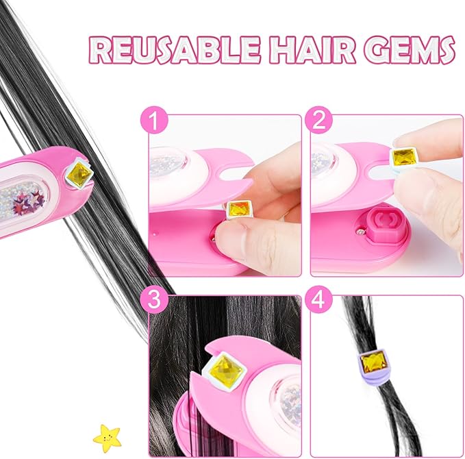 Hair Gem Stamper Kit, Bling Hair Jewels for Girls Toys, Hair Styling Tool with Reusable Shining Diamonds, Birthday Gifts Toys for Girls Ages 3 4 5 6 8-12 (Deep Pink)