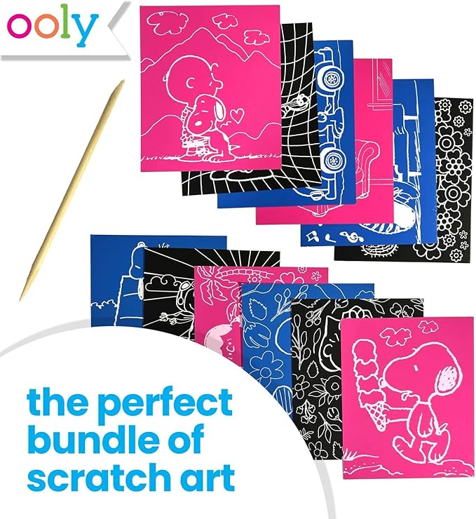 Ooly X Peanuts Scratch Art Kit - 12 Cards Featuring Snoopy, Woodstock and The Gang, Scratch Art Set Gifts for Kids, Travel-Friendly Craft Kit, Scratching Tool Included