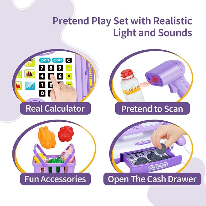 FS Pretend Play Cash Register Toy Preschool Gift for Kids, Classic Count Toy with Sound, Microphone, Scanner, Credit Card, Play Food for Boys & Girls, 57 Pieces Play Set, Ages 3 4 5 6 7, Purple