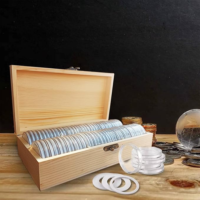 20-46 mm Wooden Coin Holder, 60 Pcs Highly Transparent Capsules With Foam Gasket, Collector Case, Professional Storage Box for Collection (Wood Color)