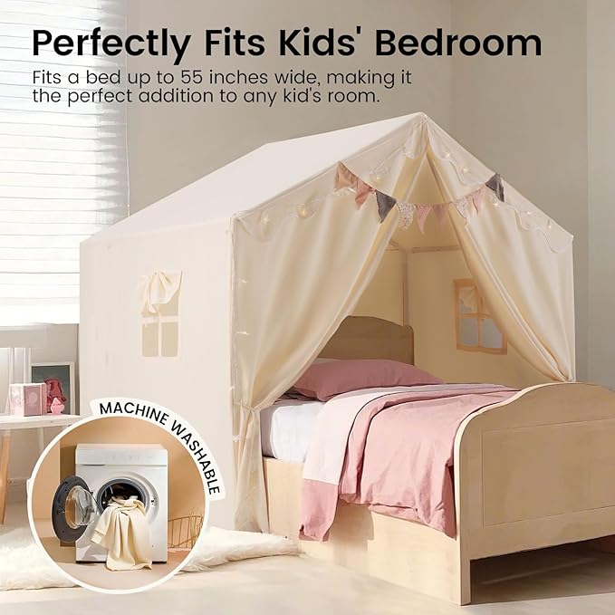 Tiny Land Kids Tent with Mat and Star Lights, Indoor Playhouse for Toddlers, 57"x36"x52" Large Reading Nook for Girls & Boys, Modern Bed Canopy for Kids Room