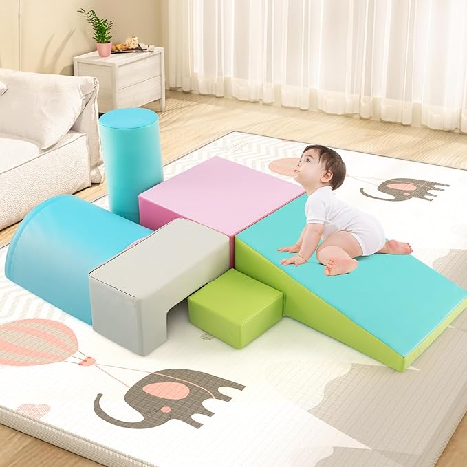 Costzon Toddler Climbing, 6 Pieces Climb and Crawl Playset with PU Cover for Baby Crawling, Climbing & Walking, Indoor Foam Climbing Blocks for Toddlers (Light Green)