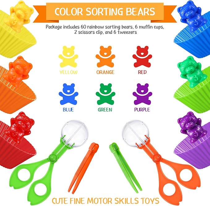 74 Pieces Counting Sorting Bears Sensory Bin Tools Fine Motor Skills Handy Scoopers Set Includes 60 Cute Rainbow Sorting Bears, 6 Jumbo Tweezers, 2 Scissors Clips and 6 Colorful Cups