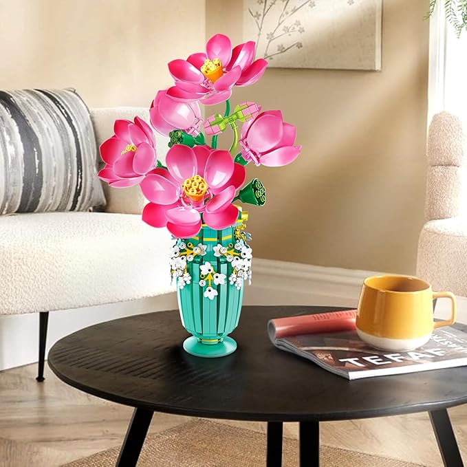 Flower Bouquet Building Set with Vase - 711 PCS Artificial Flower Building Block Toy, Fake Indoor Flower for Home Office Decor Table Display, Christmas Anniversary Birthday Gifts for Adults Women