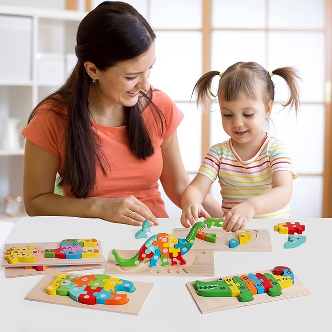 SHIERDU Wooden Puzzles for Kids, Toddler Number Puzzle, Old Wooden Dinosaur Puzzles and Animal Jigsaw Toys for Boy Girl Ideal Gift, 2-6 Years, Pack of 6, 2-1