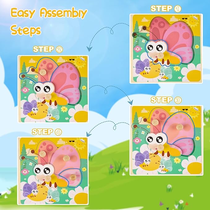Eco Friendly Animal Puzzles, 4 Pcs Jigsaw with Handles, Infant Kid Montessori Puzzles for 1-3 Years Old