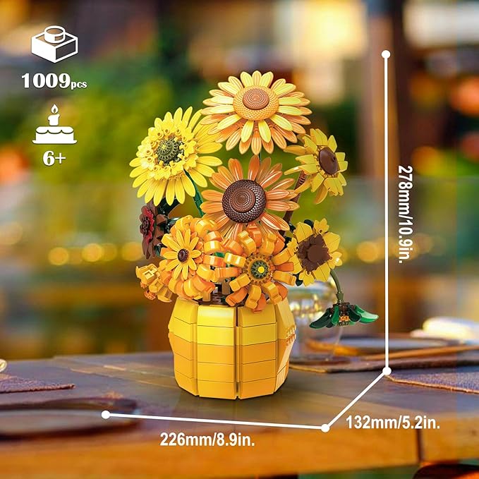 Sunflower Building Set Flowers with Vase for Adult, Compatible with Lego Flowers, 1009pcs Art Bonsai Botanical Collection for Home/Office Decor, Gifts for Mother's Day and Valentine's Day
