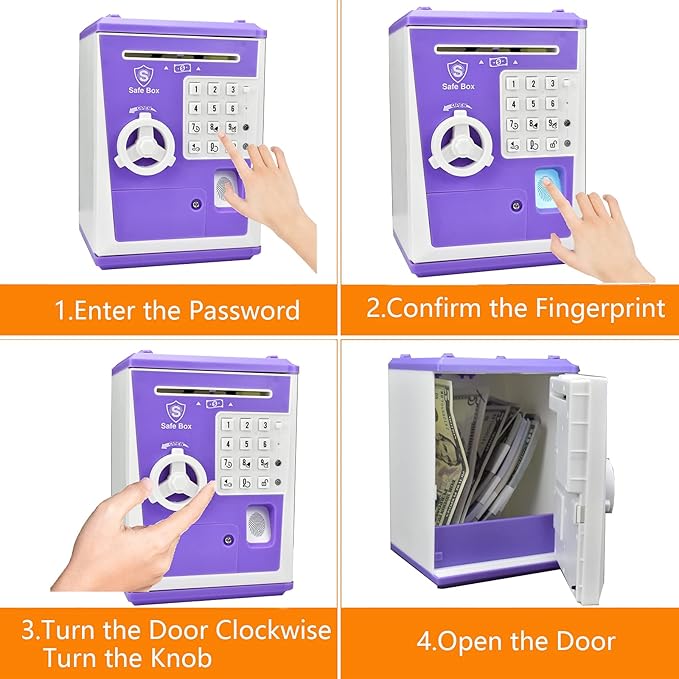 Toy Safe Box, Electronic ATM Piggy Bank, Money Coin Savings Bank, Finger Print Scanner Lock, Great Gift for Children Kids (Purple)