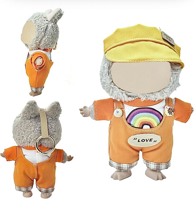 17cm Doll Clothes Set(No Doll), Hat & Overalls Set for 17cm Labubu Suit, Cute Cloth for Dress up Unique Style Dolls Outfit Stylish Clothes for Labubu (Orange Suit)