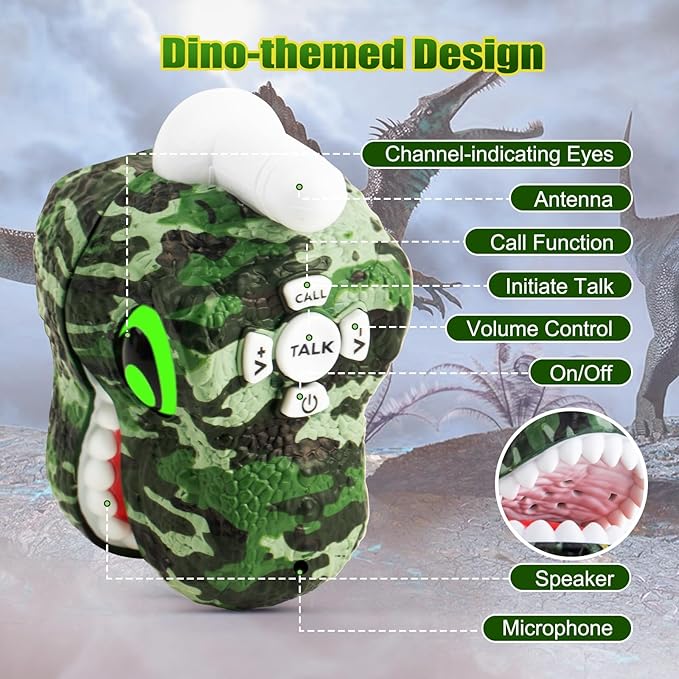 Dinosaur Walkie Talkies for Kids 2 Way Radios Toys for Boys Girls Ages 3-12 Long Range, 3 Channels Outdoor Adventure, Camping, Hiking Gifts Birthday Gifts Christmas Stocking Stuffers