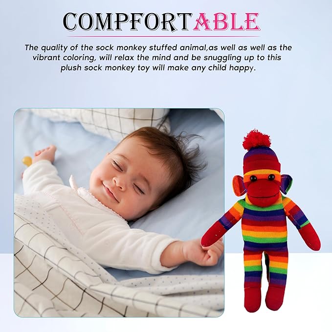 Adorable Sock Monkey, The Original Traditional Hand Knitted Stuffed Animal Toy Gift-for Kids, Babies, Teens, Girls and Boys Baby Doll Present Puppet (16" Rainbow)