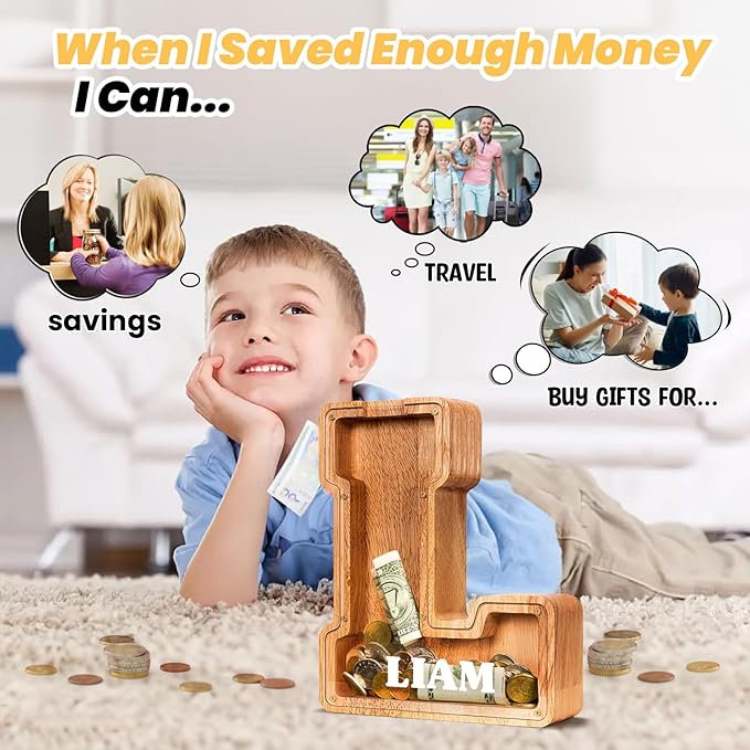 KMC Wooden Letter Piggy Bank, Personalized Initial Piggy Bank for Kids Boys, Clear Alphabet L Wood Money Box, Unbreakable Coin Saving Jar, Birthday, for Children