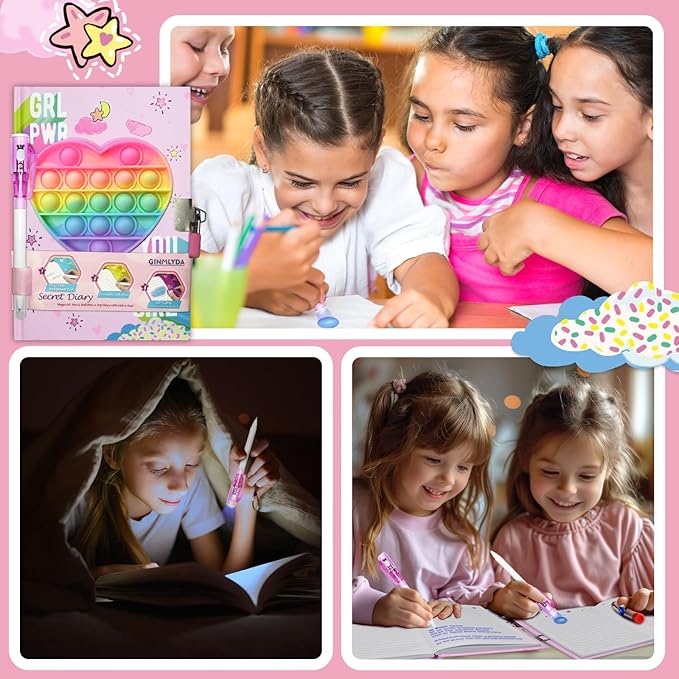 Pop Girls Diary with Lock and Invisible Ink Double-end Pen, 7.5x5.4” 160 Lined Page Fidget Colorful Heart Girls Journal for Kids Secret Notebook Pen Set Birthday Gifts for Girls 5 6 7 8 9 10 Years Old